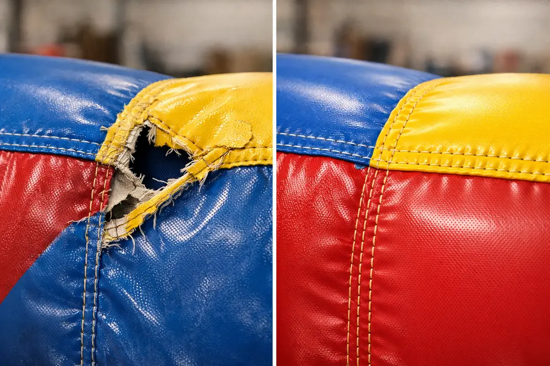 Avant après réparation trou structure gonflable - couture PVC et patch invisible