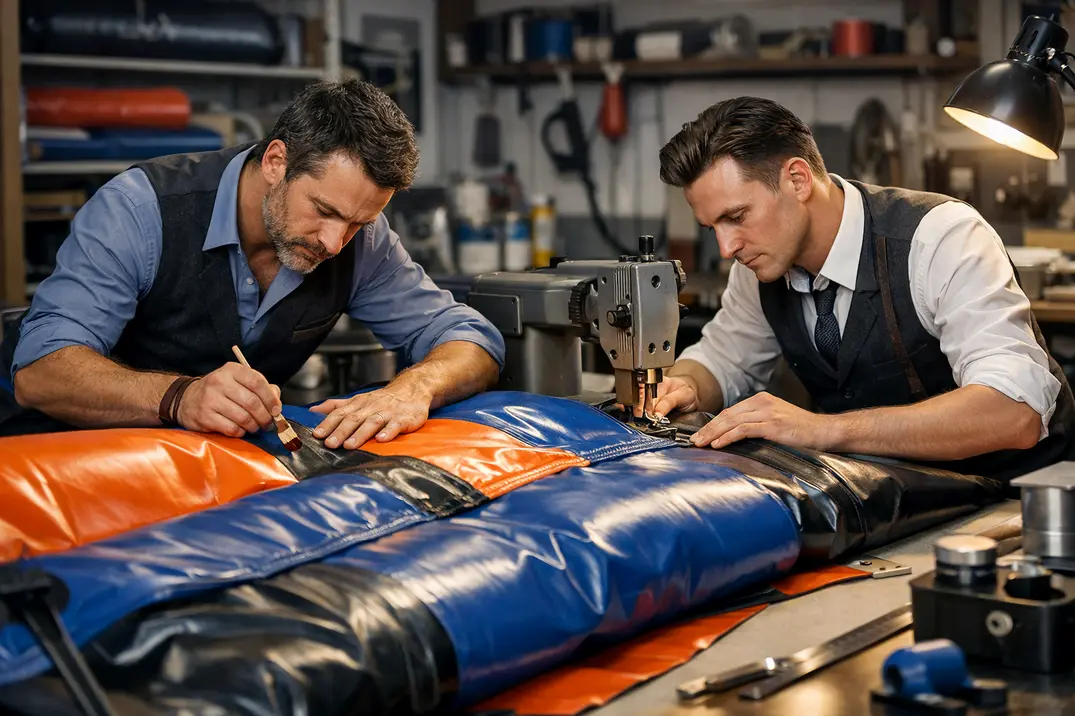 Couturiers à l’œuvre - précision artisanale réparation structure gonflable PVC soudure à chaud